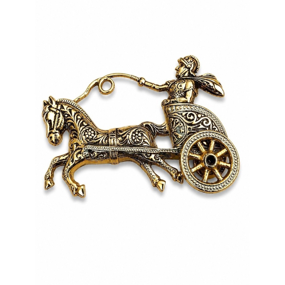 Vintage Spanish Damascene Roman Soldier Chariot Brooch Articulated Wheel Pin